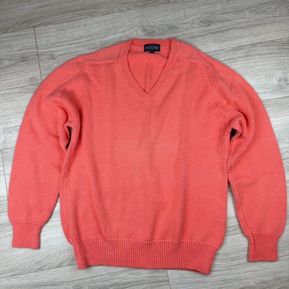 Vintage Lands End Mens V Neck Sweater Coral 100% Cotton Knit Pullover‎ Size L